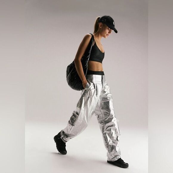 Free People Pants - NWOT Free People Mesmerize Me Shine Pants Silver Shiny Low Rise Cargo Metallic